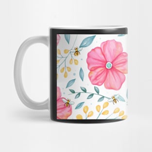 Pink and Yellow Flower Pattern with Honey Bees Mug